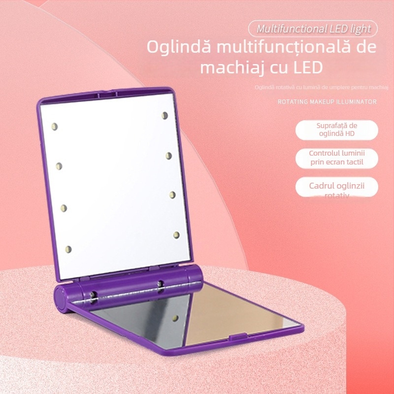 Oglindă de machiaj portabilă, alimentată cu baterii uscate, de mână, pentru călătorii, pliabilă cu iluminare LED