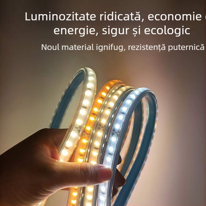 Bandă LED 220V, tensiune înaltă, poate fi tăiată la fiecare 10 cm, pentru canale încastrate, impermeabilă pentru exterior