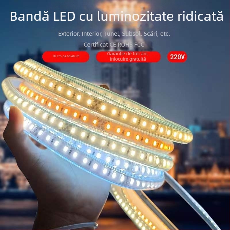 Bandă LED 220V, tensiune înaltă, poate fi tăiată la fiecare 10 cm, pentru canale încastrate, impermeabilă pentru exterior