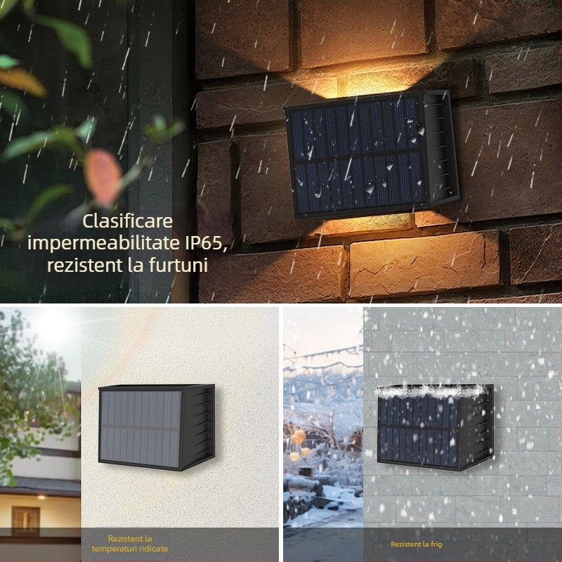 Lumină solară de exterior pentru perete, LED ultra-puternic pentru curte, iluminare sus–jos, lampă tip wall washer pentru vilă sau casă, fără cabluri