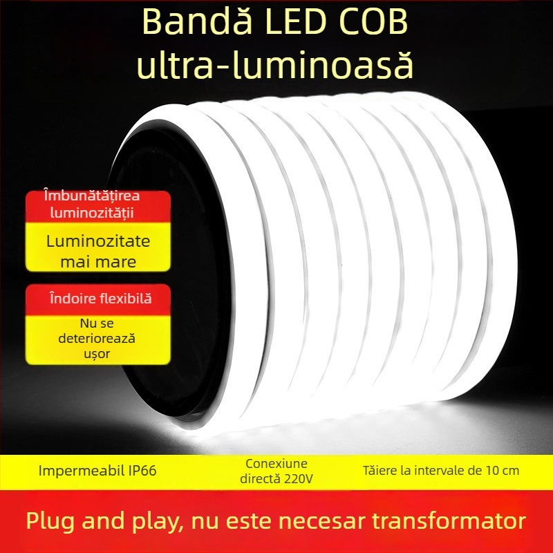 Bandă LED autoadezivă din silicon impermeabil COB, 220V – canal luminos liniar pentru tavanul casei, ultra-subțire, lumină moale