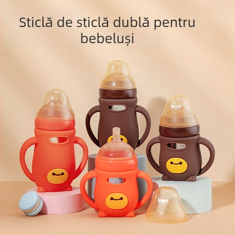 Biberon din sticlă pentru sugari, cu mâner și protecție pentru nou-născuți