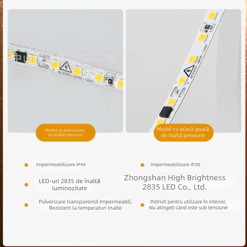 Bandă LED 220V, ultra-subțire, autoadhesivă, pentru iluminat interior, cu canal din aluminiu, rolă de 10 m, 2835 LED