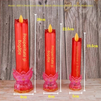 Lumânare LED cu cristal în formă de lotus, lungă, cu flamă artificială, lumină roșie și design de lotus colorat – lampă electronică, set de două