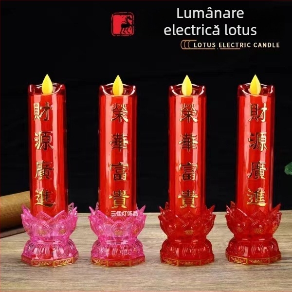 Lumânare LED cu cristal în formă de lotus, lungă, cu flamă artificială, lumină roșie și design de lotus colorat – lampă electronică, set de două