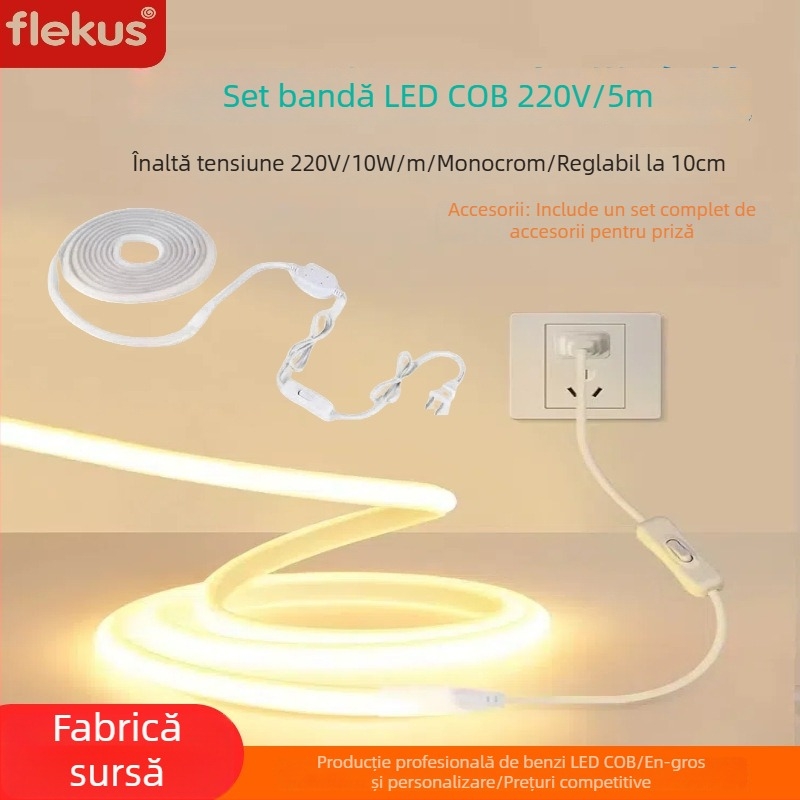 Bandă LED cu întrerupător, 220V, 5 m, pentru noptiere, living, dulap TV, publicitate exterioră