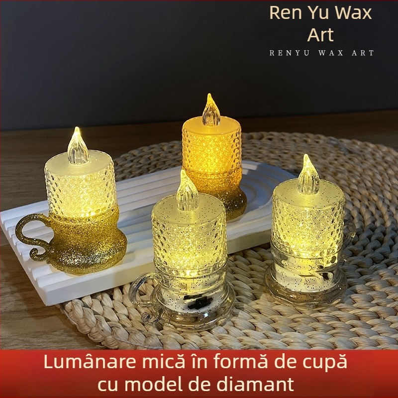 Lampă europeană pentru lumânări, cu suprafață cristal și ceașcă mică – iluminat decorativ interior pentru seri romantice