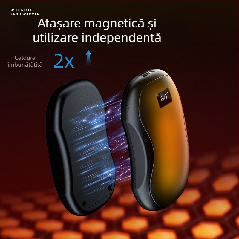 Încălzitor magnetic detașabil pentru mâini, două în unu, cu afișaj digital mic, USB reîncărcabil, baterie încorporată 4000–6000 mAh