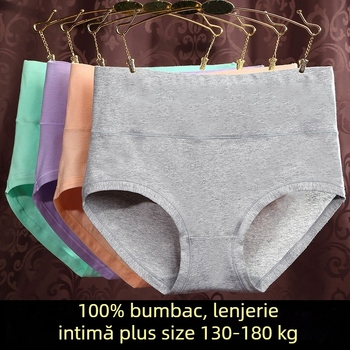 Chiloți femei talie înaltă din bumbac – mărimi mari, respirabili, susținere a șoldurilor, control al abdomenului, culoare solidă