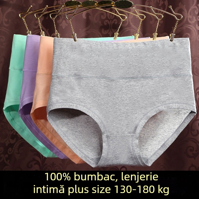 Chiloți femei talie înaltă din bumbac – mărimi mari, respirabili, susținere a șoldurilor, control al abdomenului, culoare solidă