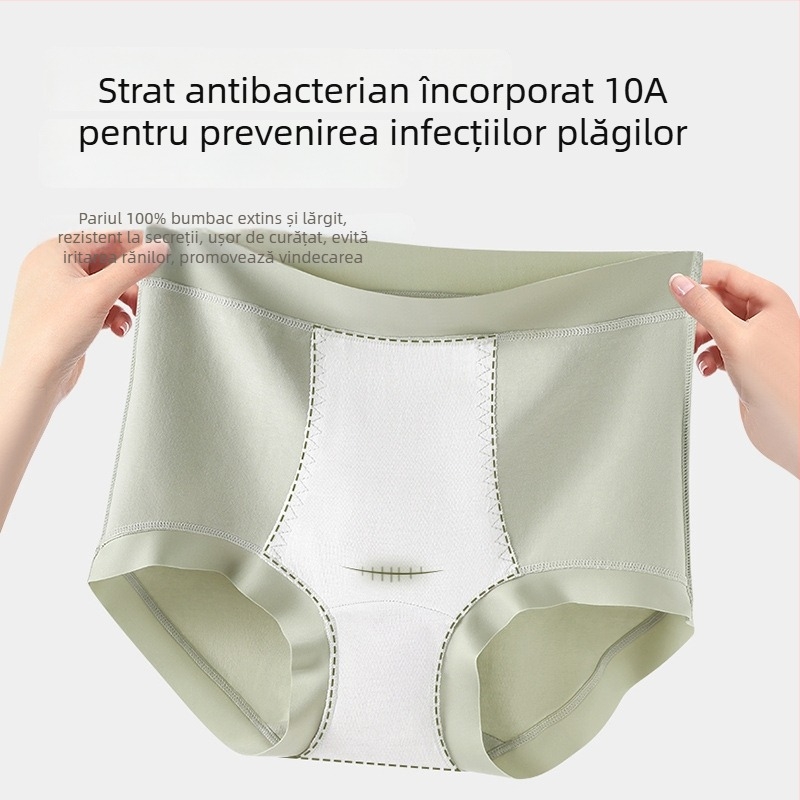 Chiloți femei talie înaltă din bumbac, cu zonă inghinală antibacteriană, moi la atingere, respirabili, subțiri, pentru cezariană