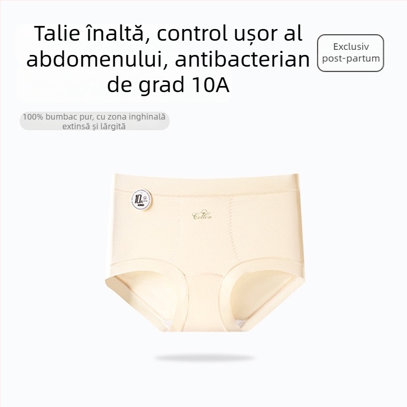 Chiloți femei talie înaltă din bumbac, cu zonă inghinală antibacteriană, moi la atingere, respirabili, subțiri, pentru cezariană