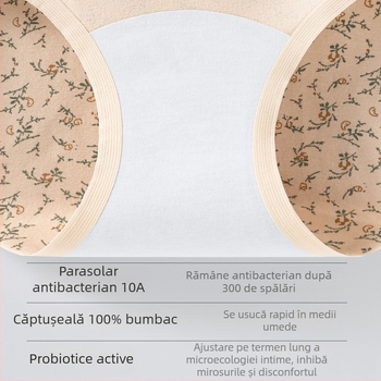 Chiloți pentru femei din bumbac, talie înaltă, control al abdomenului, imprimeu floral, căptușeală antibacteriană în zona inghinală
