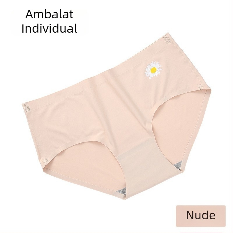 Chiloți femei fără cusături, din mătase de gheață, talie medie, imprimeu margaretă, stil feminin