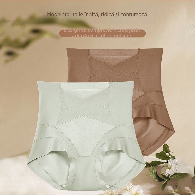 Chiloți femei talie înaltă din ice silk pentru controlul abdomenului, shapewear încrucișat, respirabil, model ZS8523