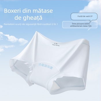 Boxer scurt pentru femei Ice Silk, cu căptușeală din bumbac la crac, talie medie, antibacterian, lungime extinsă (10A)