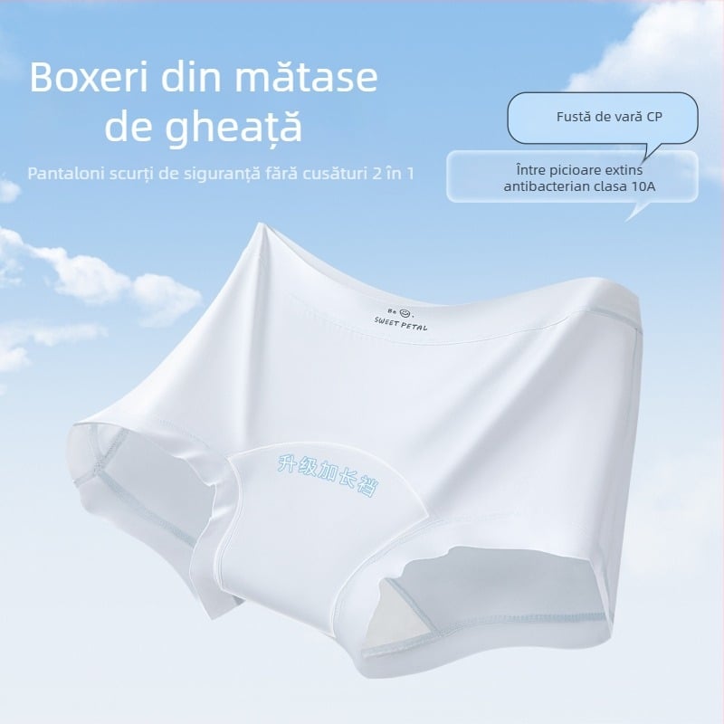 Boxer scurt pentru femei Ice Silk, cu căptușeală din bumbac la crac, talie medie, antibacterian, lungime extinsă (10A)