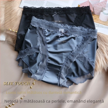 Chiloți damă subțiri din ice-silk, talie medie, margine din dantelă, căptușeală din bumbac între picioare, respirabili