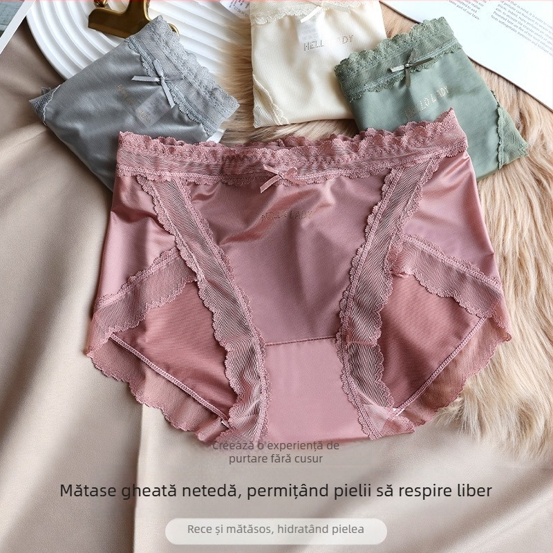 Chiloți damă subțiri din ice-silk, talie medie, margine din dantelă, căptușeală din bumbac între picioare, respirabili