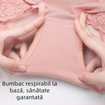 Chiloți femei talie înaltă, căptușeală din bumbac în zona inghinală, susținere a abdomenului și modelare a șoldurilor, dantelă, respirabil, confortabil