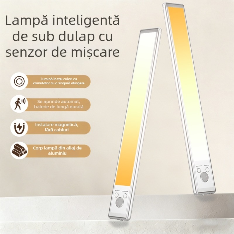 Lumină sub dulap cu senzor de mișcare, trei temperaturi ale culorii, prindere magnetică, bandă LED reîncărcabilă, lampă de birou inteligentă