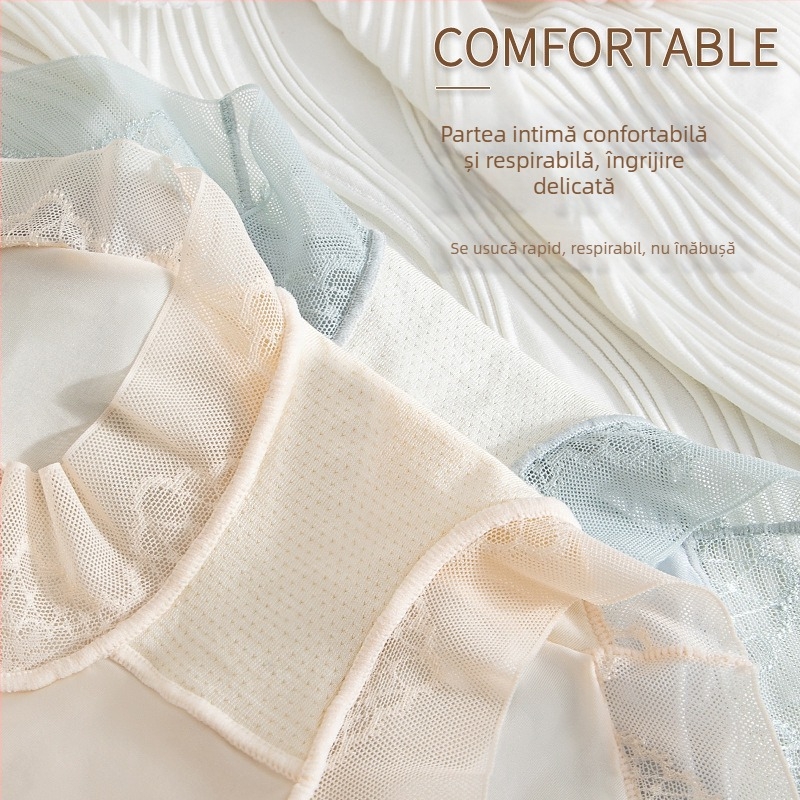 Chiloți franțuzești cu talie înaltă din ice-silk, fără cusături, respirabili, zonă intimă antibacteriană, dantelă