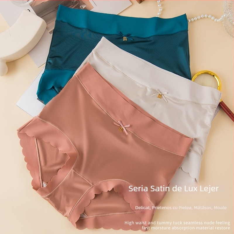 Chiloți femei fără cusături din satin Ice Silk, plus-size, talie medie-înaltă, mătase de mulberry antibacteriană, luxos și sexy