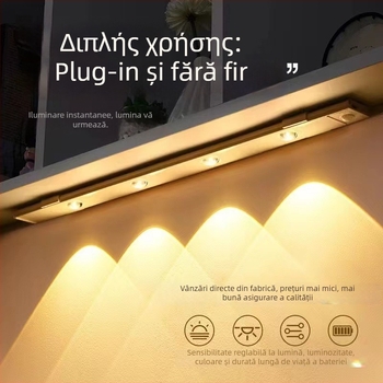 Lumină LED cu senzor de mișcare, bandă ultra-subțire, lungă pentru dulapuri și cămări, iluminare în trei culori, bandă autoadezivă