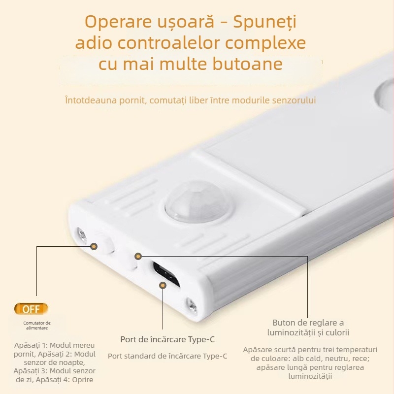 Lumină LED cu senzor de mișcare, bandă ultra-subțire, lungă pentru dulapuri și cămări, iluminare în trei culori, bandă autoadezivă