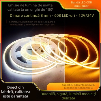 Bandă LED COB cu reglaj continuu, culoare reglabilă în trei nuanțe, iluminare liniară 24V pentru interior, dimming inteligent
