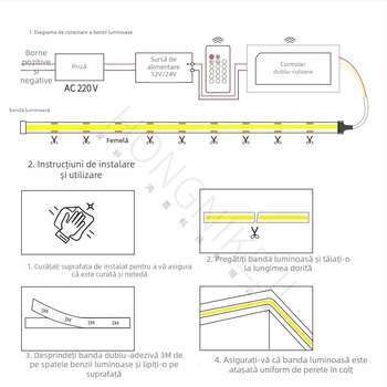 Bandă LED COB cu reglaj continuu, culoare reglabilă în trei nuanțe, iluminare liniară 24V pentru interior, dimming inteligent