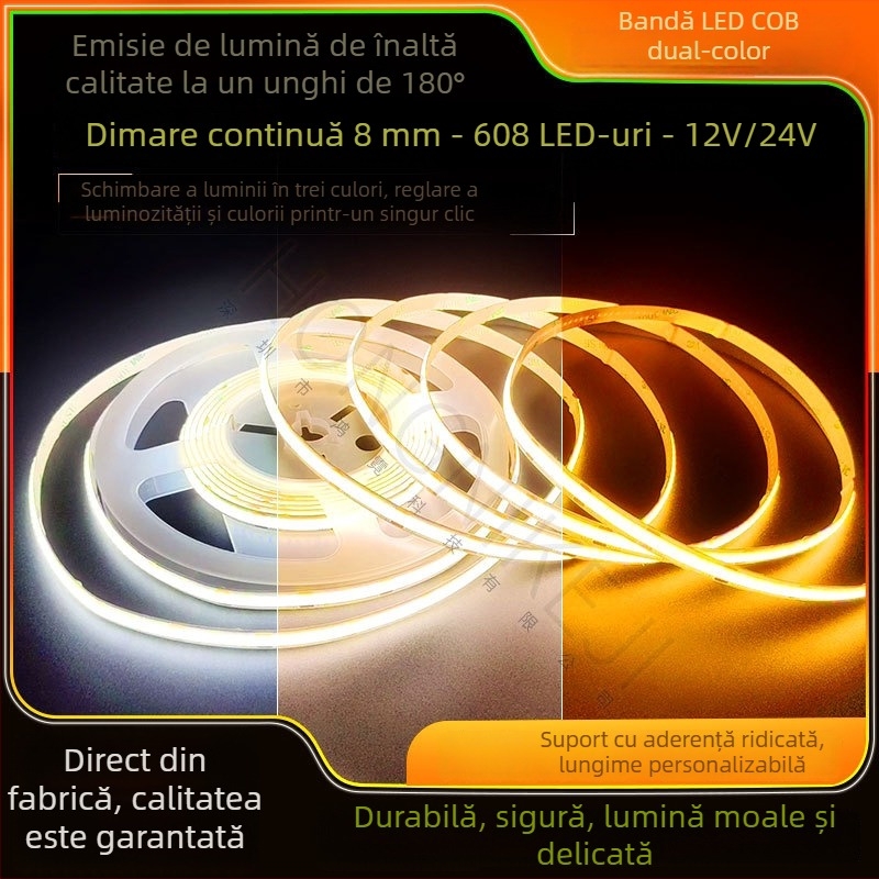 Bandă LED COB cu reglaj continuu, culoare reglabilă în trei nuanțe, iluminare liniară 24V pentru interior, dimming inteligent