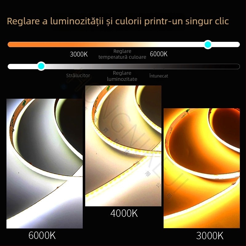 Bandă LED COB cu reglaj continuu, culoare reglabilă în trei nuanțe, iluminare liniară 24V pentru interior, dimming inteligent