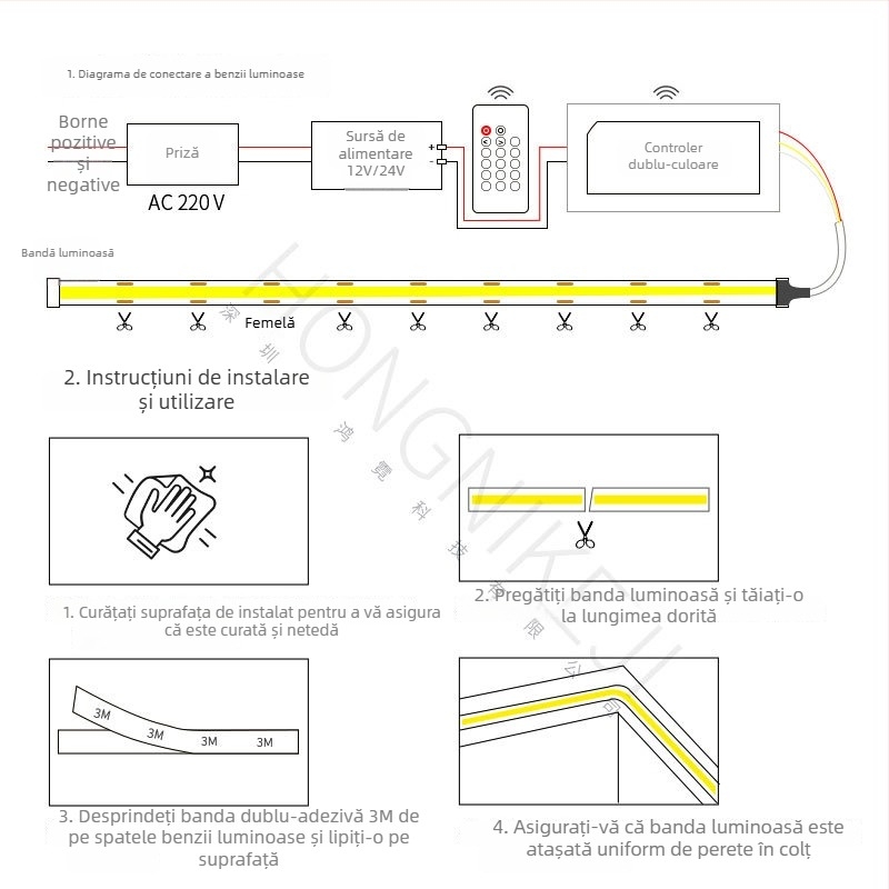 Bandă LED COB cu reglaj continuu, culoare reglabilă în trei nuanțe, iluminare liniară 24V pentru interior, dimming inteligent