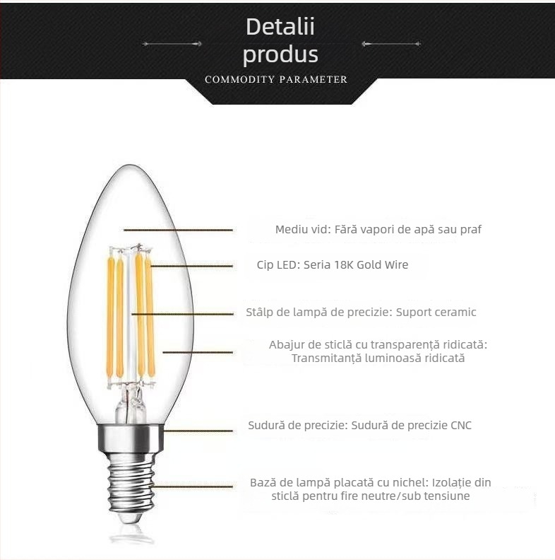 Lampă LED tip porumb, tensiune largă 3–24V, trei moduri de culoare, filament de tungsten, corp din aluminiu, fascicul de 90°, IP54