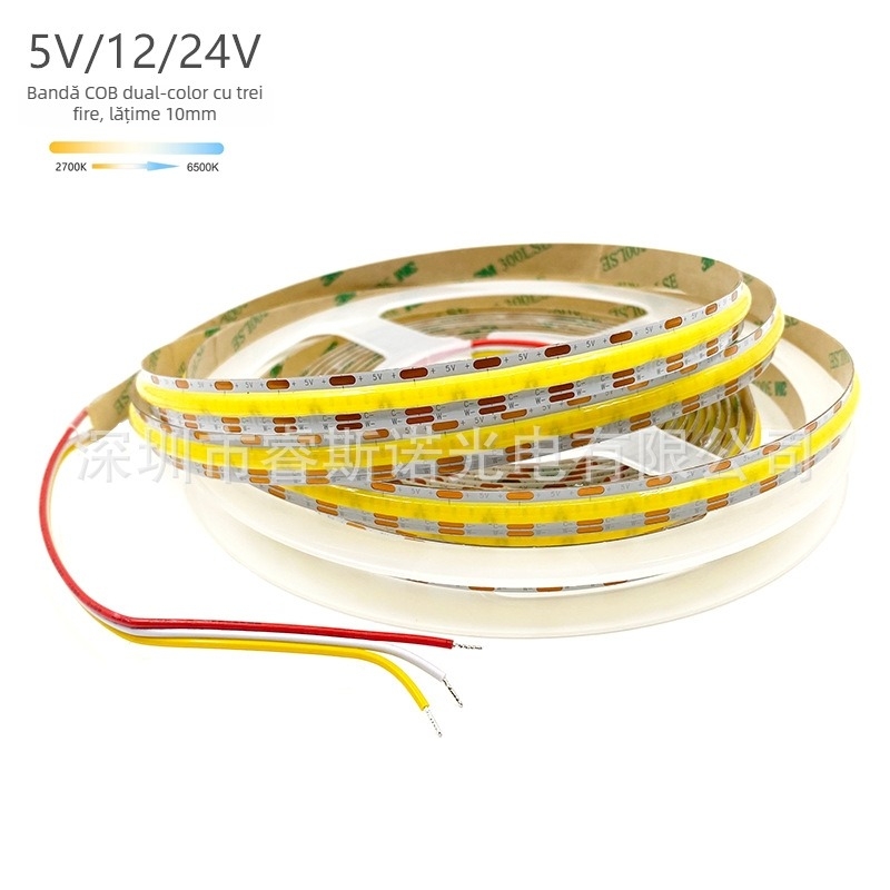 Bandă LED COB cu trei fire, temperatură a culorii duală 2700–6500K, reglabilă în intensitate și culoare, luminozitate ridicată, bandă LED cu trei culori