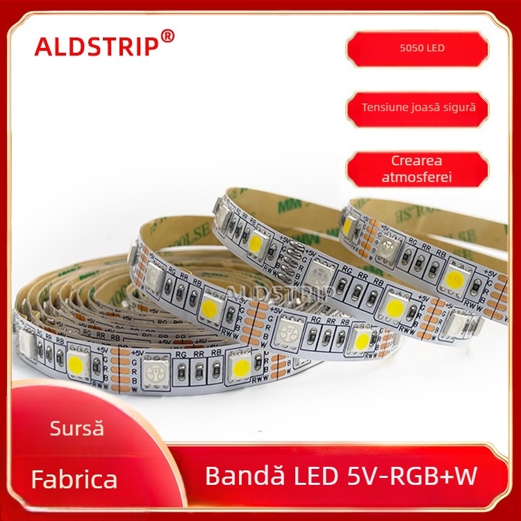 Bandă LED 5050RGBW, 5V, 60 LED-uri, placă 10 mm neacoperită, iluminare decorativă pentru interior