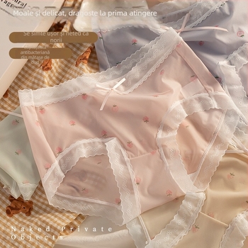 Chiloți fără cusuri din ice silk, talie joasă, subțiri, cu dantelă imprimată și protecție antibacteriană