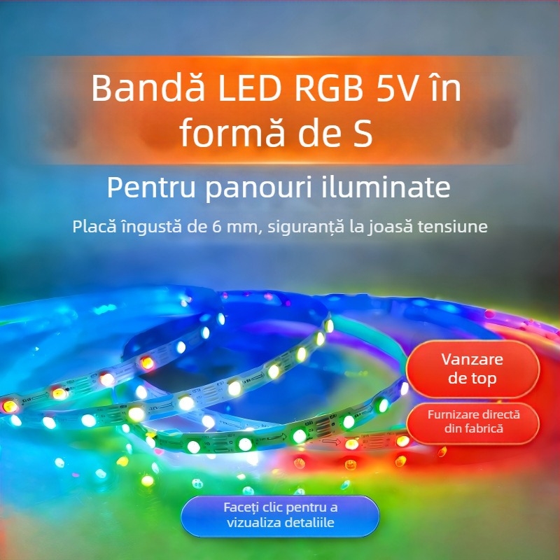 Bandă LED 5V în formă S, ultra-îngustă și flexibilă, 78 LED, 6W, destinată semnelor luminoase