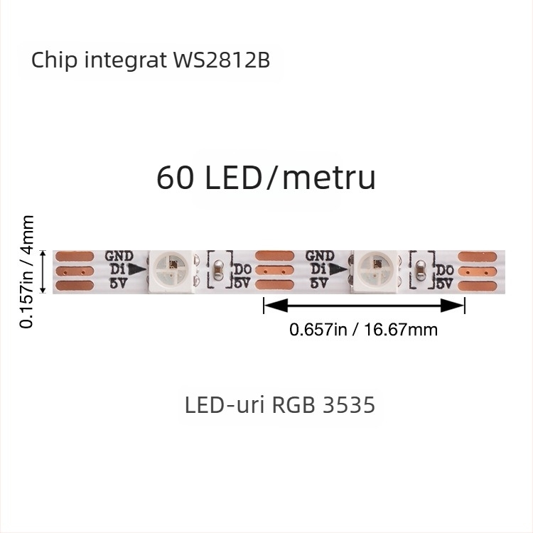 Bandă LED USB pentru carcasă PC, RGB, 5V, lățime 4 mm, WS2812B, 60 LEDuri, unghi fascicul 120°, reglabilă