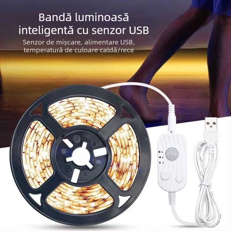 Bandă LED monocromă de 5V pentru fundalul televizorului, cu interfață senzor USB, ultra-subțire autocolantă pentru perete