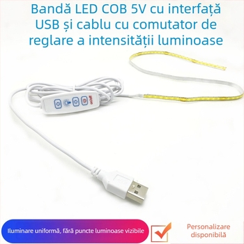 Shun Yi 2835 bandă LED COB 1 m, lățime 5 mm, 5V reglabilă, 300 LED, 10 W, etanșă la apă, alimentare USB, iluminare decorativă monocromă pentru meșteșuguri