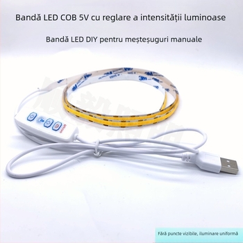 Shun Yi 2835 bandă LED COB 1 m, lățime 5 mm, 5V reglabilă, 300 LED, 10 W, etanșă la apă, alimentare USB, iluminare decorativă monocromă pentru meșteșuguri