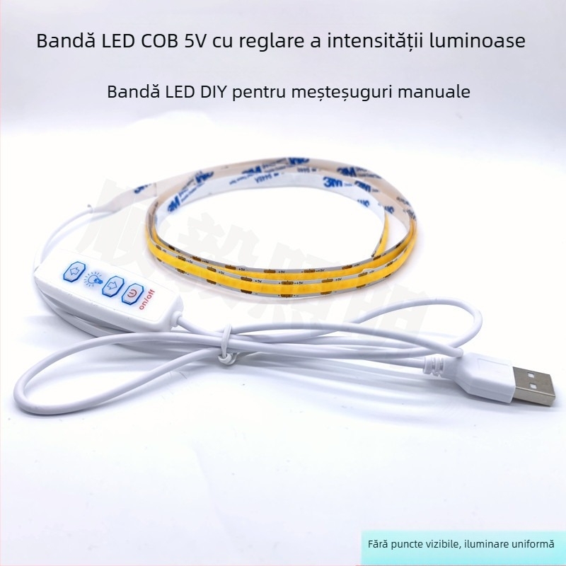 Shun Yi 2835 bandă LED COB 1 m, lățime 5 mm, 5V reglabilă, 300 LED, 10 W, etanșă la apă, alimentare USB, iluminare decorativă monocromă pentru meșteșuguri