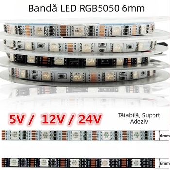 Bandă LED RGB LED5050, versiune îngustă, lățime 6 mm, schimbare de culoare în gradient, 12/5/24V