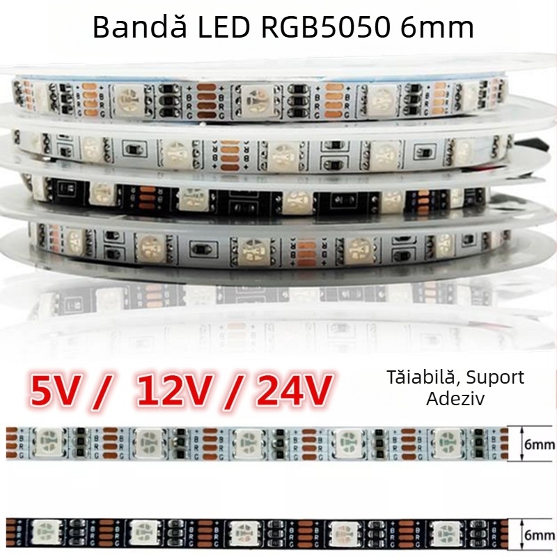 Bandă LED RGB LED5050, versiune îngustă, lățime 6 mm, schimbare de culoare în gradient, 12/5/24V