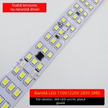Bandă LED exterioară 110V/220V, trei rânduri, autoadezivă, fără driver, 2835 LED, 360 LED în total, 10W, CRI 90, fascicul 180°
