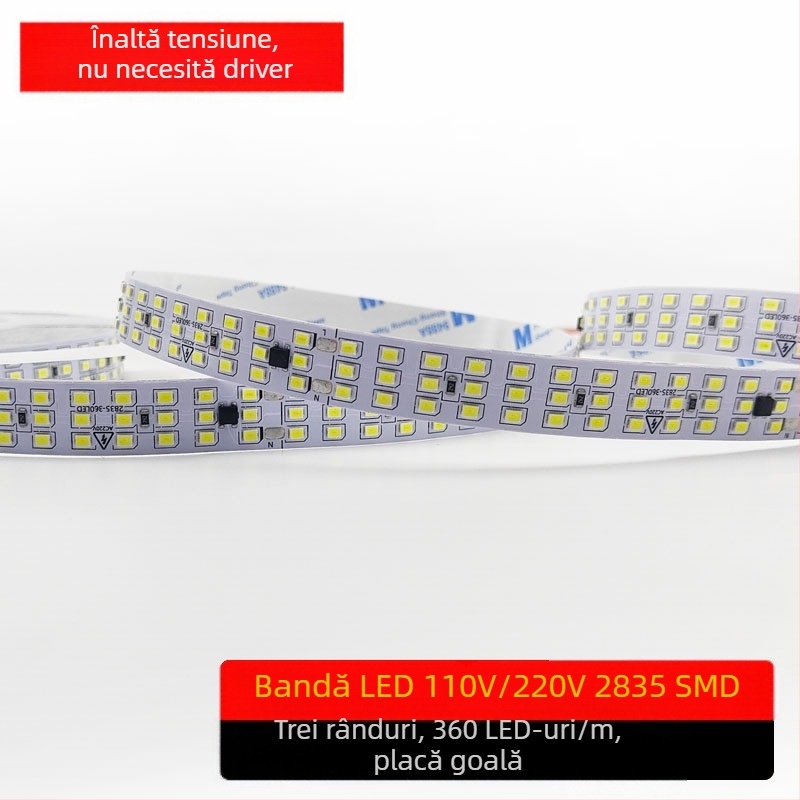 Bandă LED exterioară 110V/220V, trei rânduri, autoadezivă, fără driver, 2835 LED, 360 LED în total, 10W, CRI 90, fascicul 180°