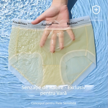 Slip bikini ultra-subțiri din mătase de gheață, confort plăcut pentru piele, talie în contrast, talie medie, care se mulează pe șolduri