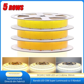 Bandă COB LED în cinci rânduri, 24V, 1600 LED-uri, lățime 30 mm, tensiune redusă, fără pâlpâire, iluminare interioară și comercială